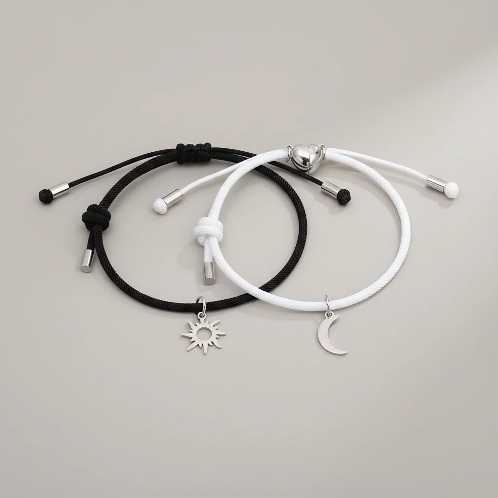 Bracelet corde couple aimanté soleil et lune - Vue 1 - bracelet corde