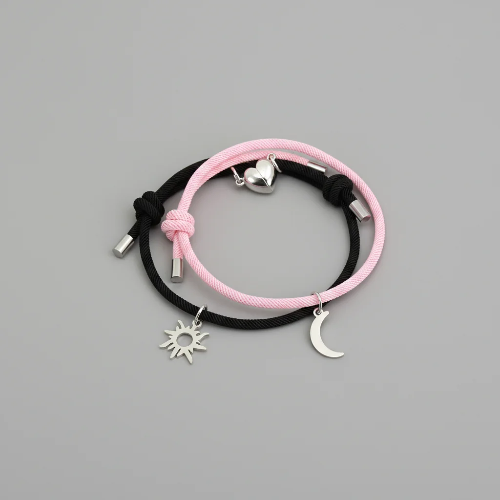 Bracelet corde couple aimanté soleil et lune - Vue 2 - bracelet corde