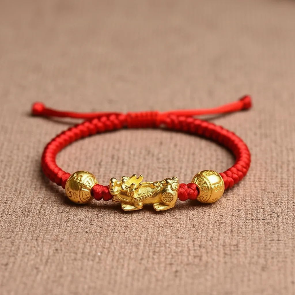 Bracelet corde rouge, pi xiu et alliage doré - Vue 1 - bracelet corde