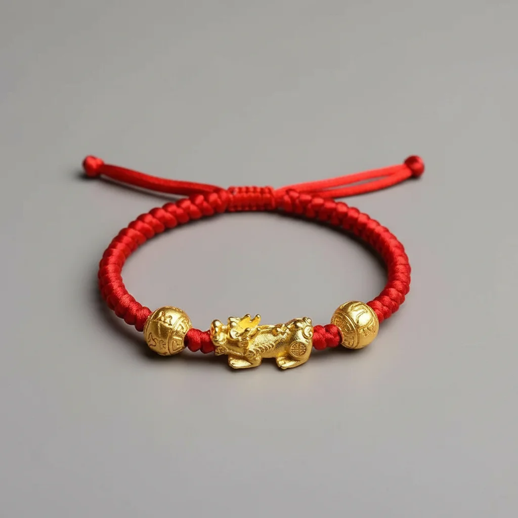 Bracelet corde rouge, pi xiu et alliage doré - Vue 2 - bracelet corde