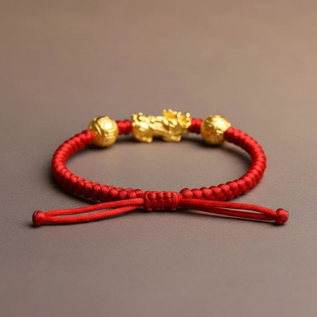 Bracelet corde rouge, pi xiu et alliage doré - Vue 3 - bracelet corde
