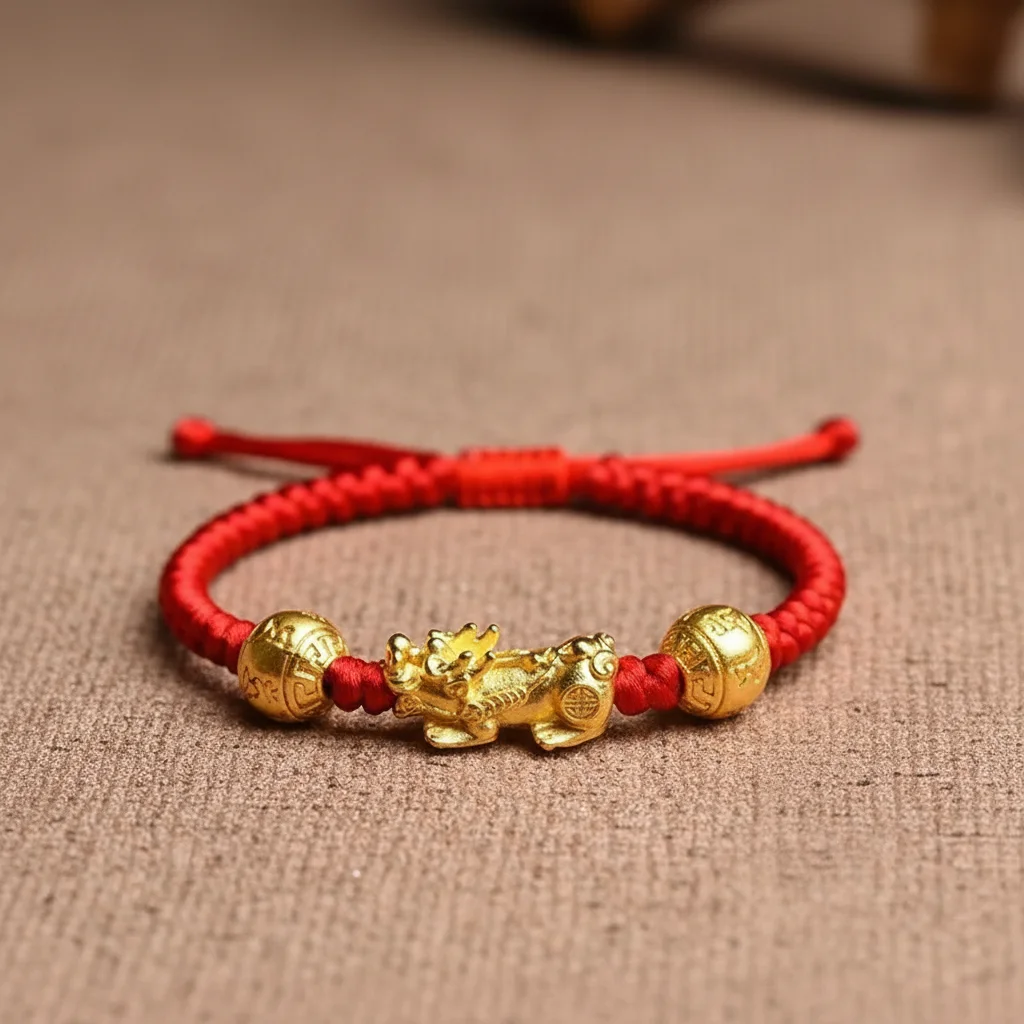 Bracelet corde rouge, pi xiu et alliage doré - Vue 4 - bracelet corde