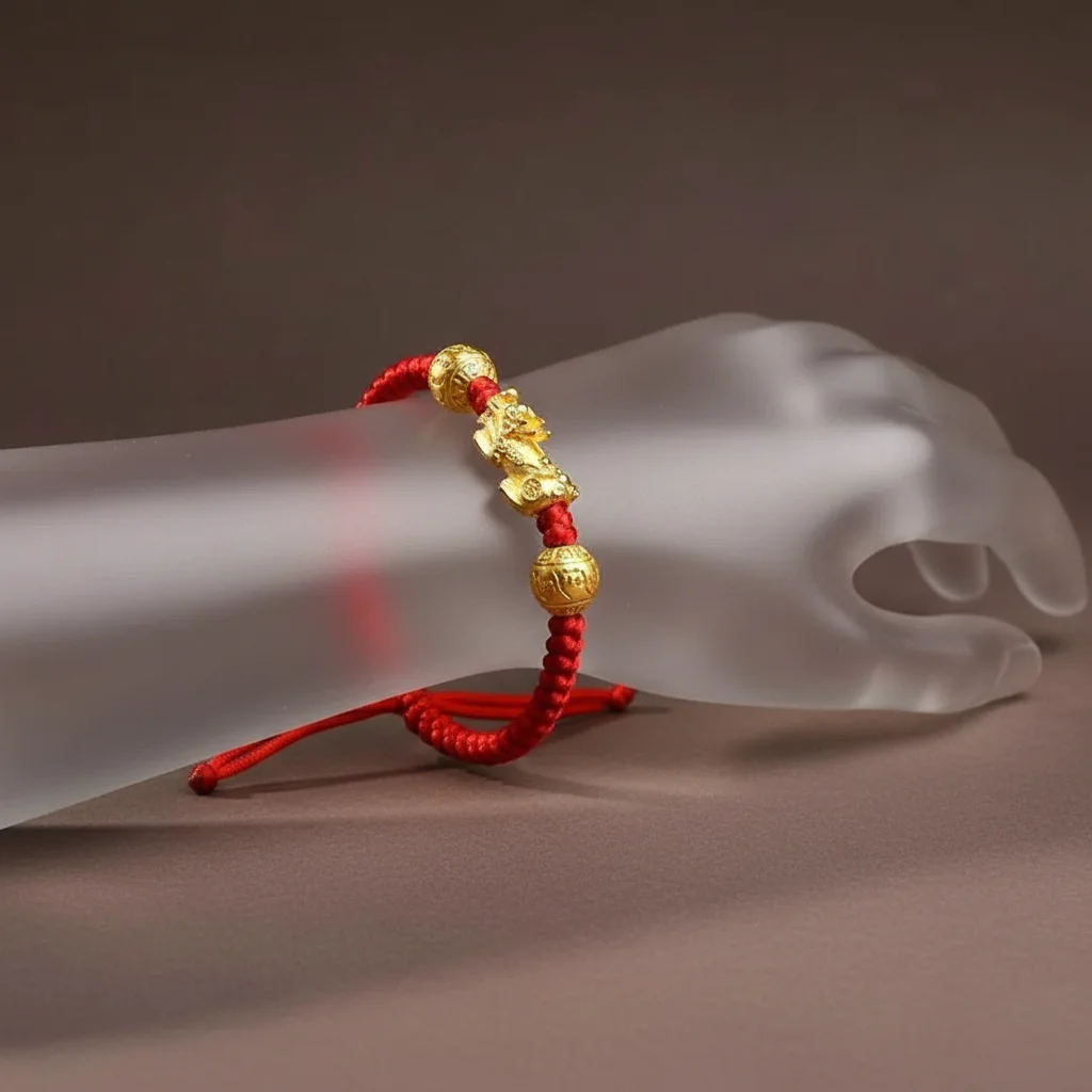 Bracelet corde rouge, pi xiu et alliage doré - Vue 5 - bracelet corde