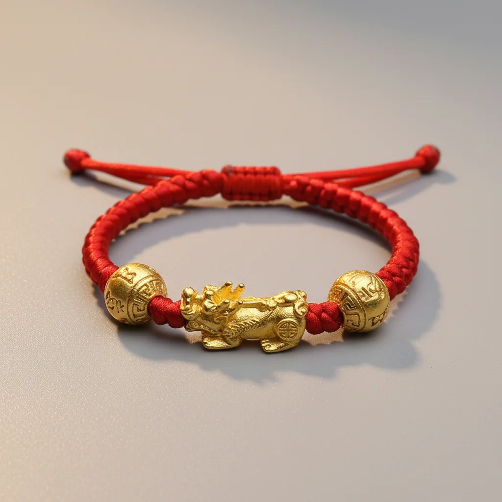 Bracelet corde rouge, pi xiu et alliage doré - Vue 6 - bracelet corde