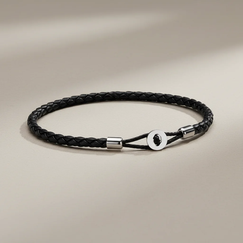 Bracelet corde tressé cuir et acier minimaliste - Vue 1 - bracelet corde